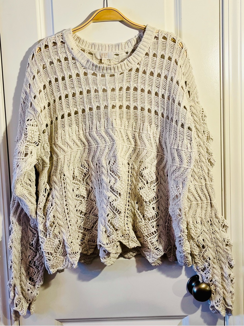 Kut from the Kloth 100% Cotton Open Knit Scalloped Hem Crew Sweater, Ivory, XL - Picture 2 of 7